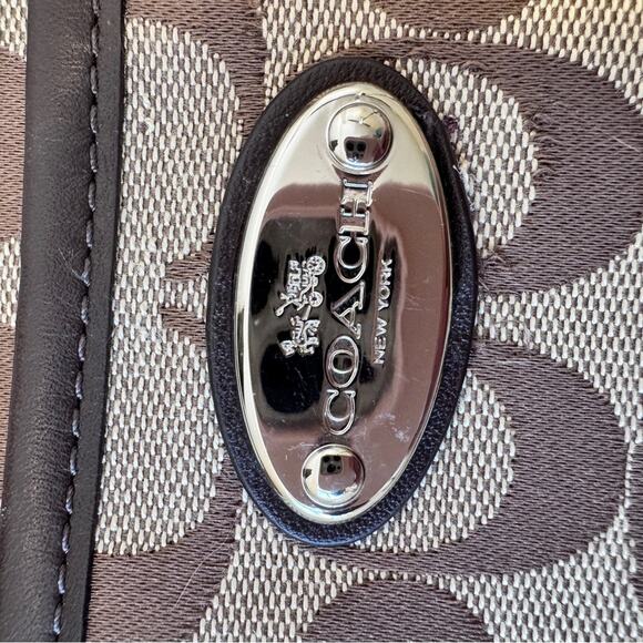 Coach Brown Tan Signature Canvas Crossbody Bag Handbag Purse Leather Trim - Picture 2 of 12